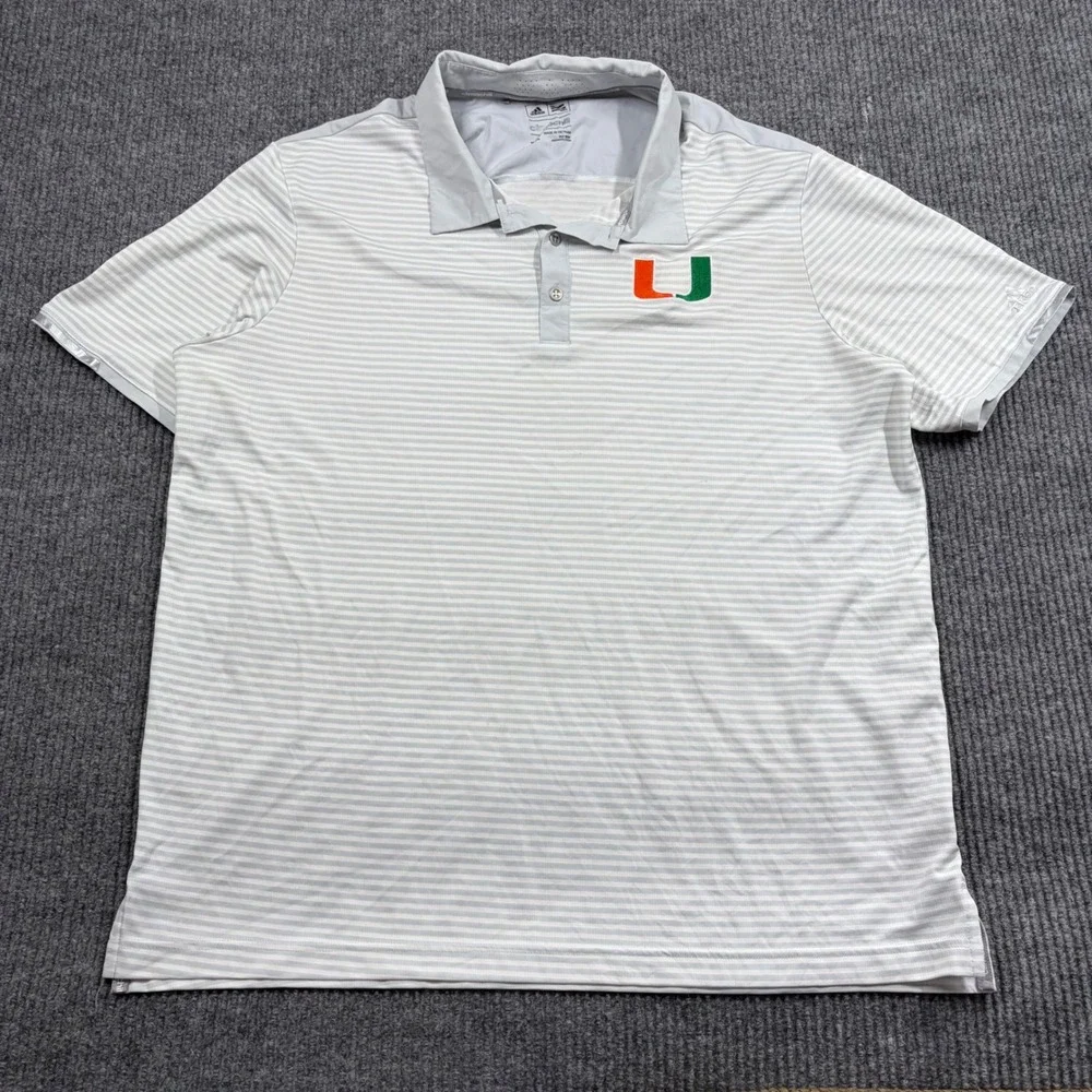 Adidas Shirt Mens XL Golf Miami Hurricanes Climachill Polo Gray White Striped
